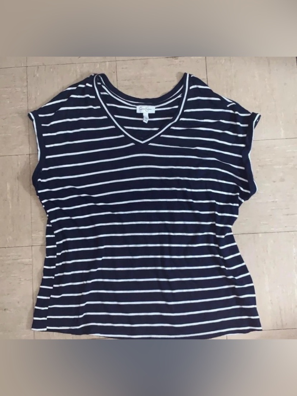 Jessica Simpson Navy and White Striped V-Neck Tee